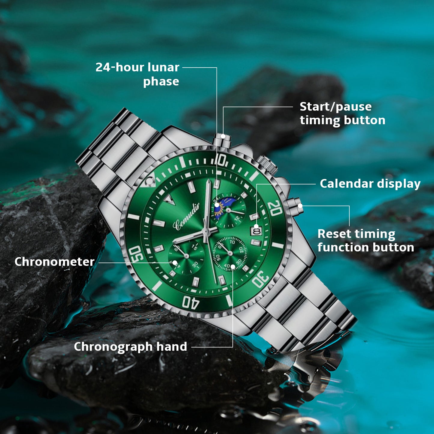 Men's Stainless Steel Chronograph Watch, Waterproof Swimming Wristwatch, Luminous Analogue Business Watch With Date LCD Display