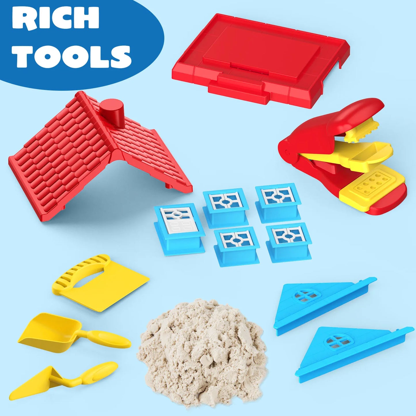 Sensory Sand Building Molds with Brick Press & 4 Tools Building Toys Set House Castle Moldable Sensory Play Sand for Kids Age 3+