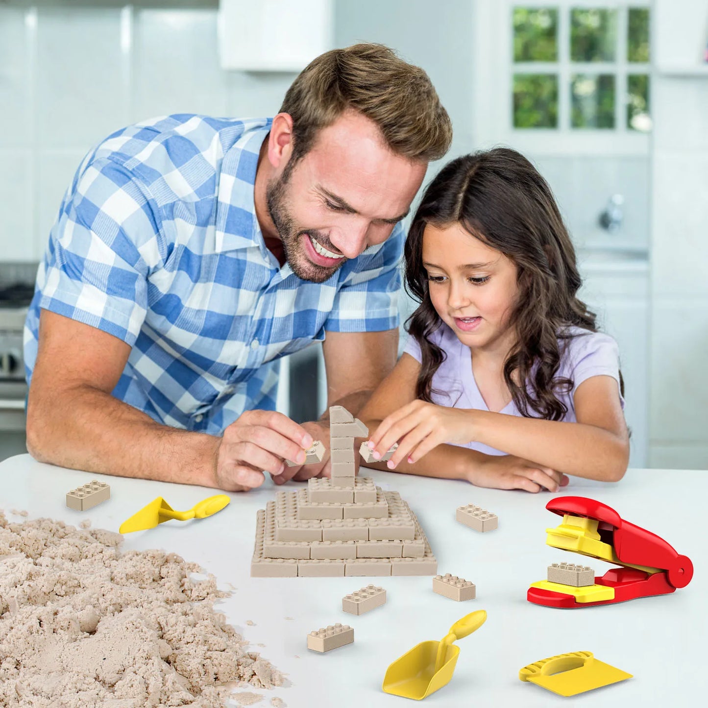 Sensory Sand Building Molds with Brick Press & 4 Tools Building Toys Set House Castle Moldable Sensory Play Sand for Kids Age 3+