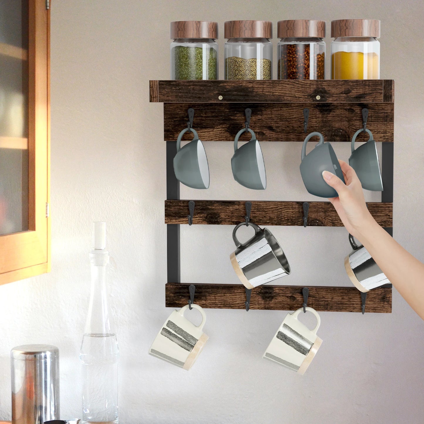 Wall Mounted Coffee Mug Holder with 12 Hooks and Storage Shelf Display Rack Home Decor for Kitchen, Bedroom, Coffee Shop