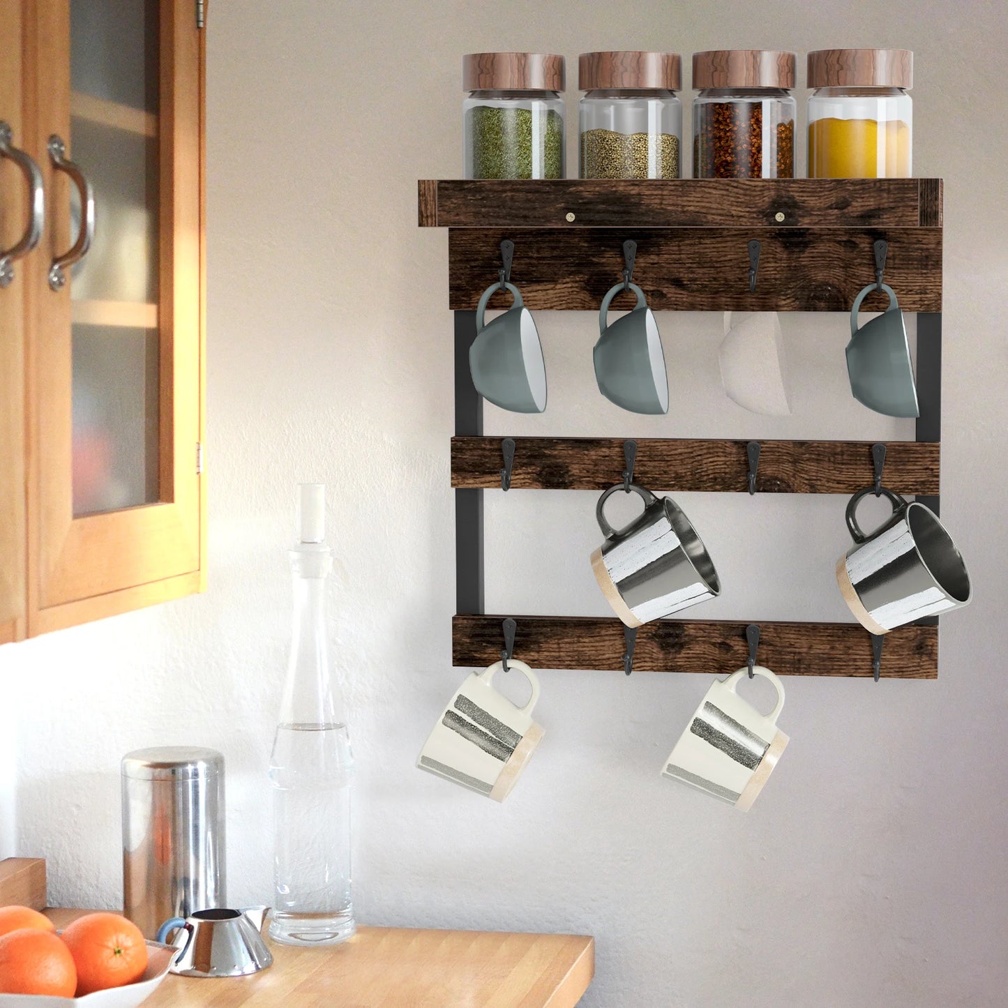 Wall Mounted Coffee Mug Holder with 12 Hooks and Storage Shelf Display Rack Home Decor for Kitchen, Bedroom, Coffee Shop