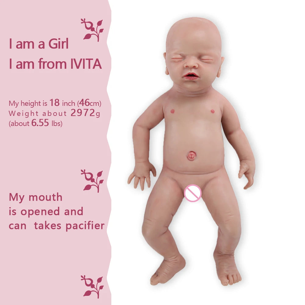 IVITA WG1514 18inch 2972g Silicone Soft Realistic Bebe Reborn Baby Doll Similar Real Girl Eyes Closed Juguetes Toys for Children