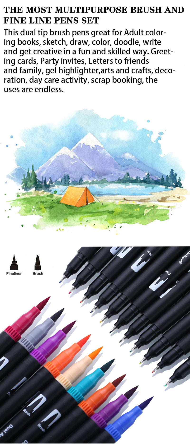 60 Colors FineLiner Drawing Painting Art Markers Pen Watercolor Dual Tip Brush Pen Calligraphy School Supplies