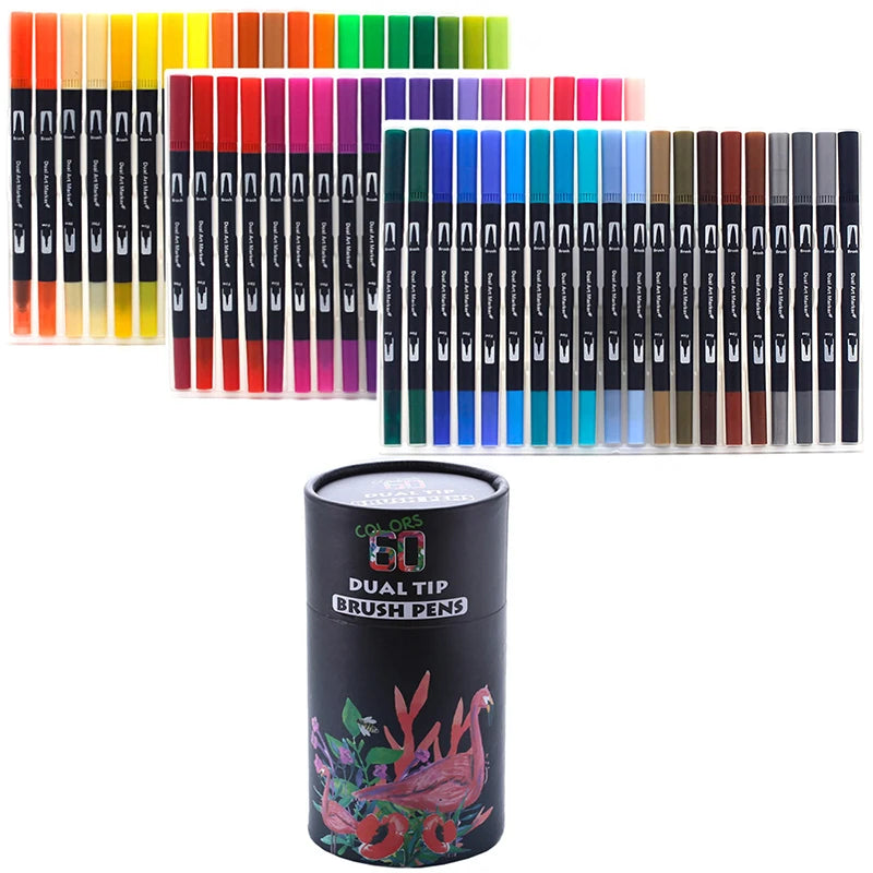 60 Colors FineLiner Drawing Painting Art Markers Pen Watercolor Dual Tip Brush Pen Calligraphy School Supplies