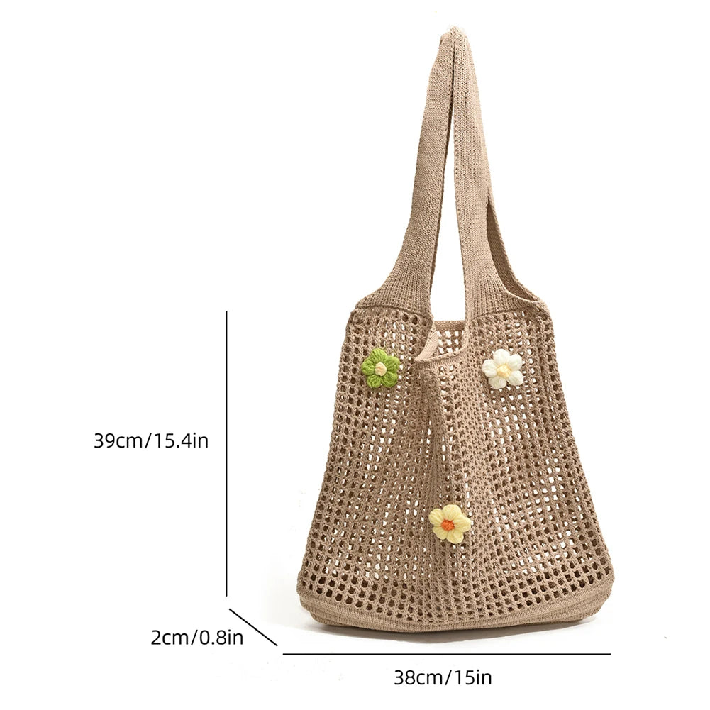 Women Knitted Tote Bag Crochet Shoulder Bag with Flower Decor Fashion Tote Handbags Hollow Out Handbag Outdoor Travel Bag