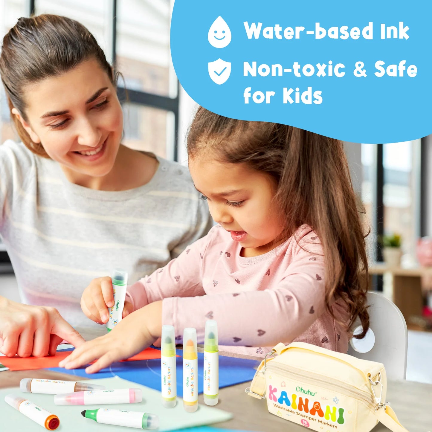 Ohuhu Washable Markers for Kids 12Pcs Stamper Markers Water-based Dual Tips Kids Markers Coloring Markers Art School Supplies