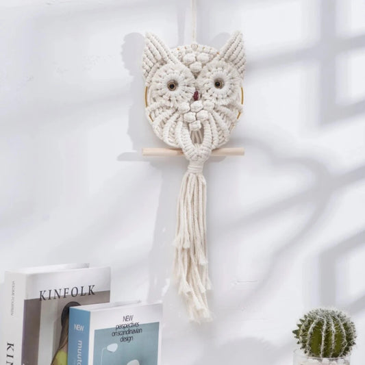 Hand-Woven Owls Dreamcatcher Ornament Arts Cotton Macrame Wall Hanging Tapestry DIY Owl Animal Tapestry Room  Decoration Bells