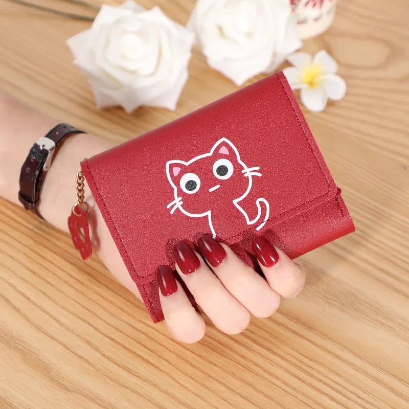 Solid Color PU Leather Fold Purse With Lovely Cat Print / Fashion Short Wallet Money Card Holder For Women