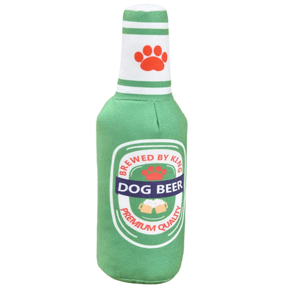 Dog Plush Toys Pet Squeaky Printed Beer Bottle Shape Toy Dog Bite-Resistant Clean Teeth Chew Toy Pet Supplies Interactive Toys