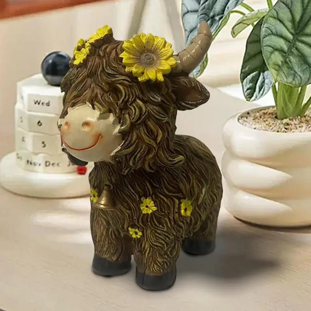 Highland Cow Figurine Resin Figurine With Flower Collectible Figurine For Farmhouse Table Home Garden Decorations