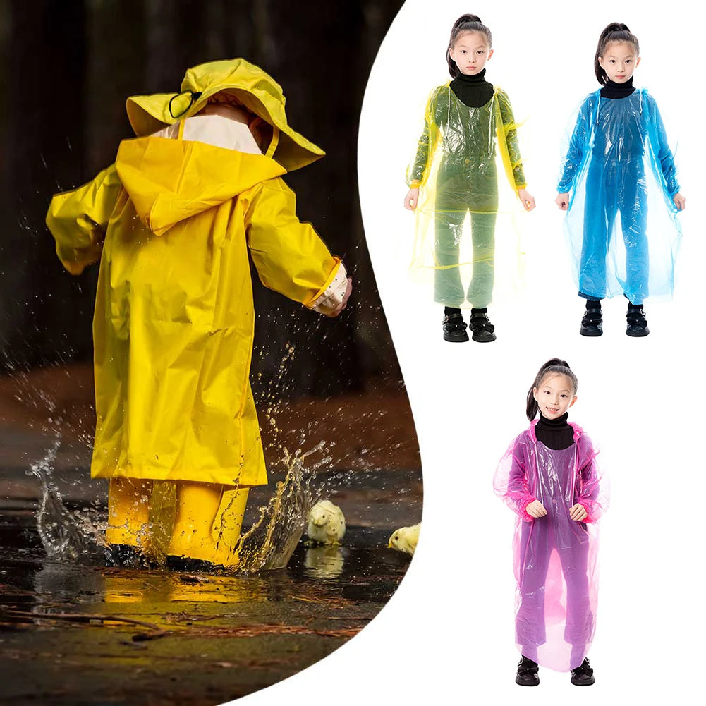 9-30PCS Kids Emergency Raincoats with Drawstring Hood Disposable Plastic Rain Poncho Rainwear for Camping Recreation Hiking