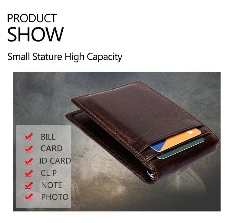 Rfid Blocking Vintage Crazy horse Genuine Leather Wallet Men Wallet Leather  Short Wallet Men Purse Male Money Clips Money bag