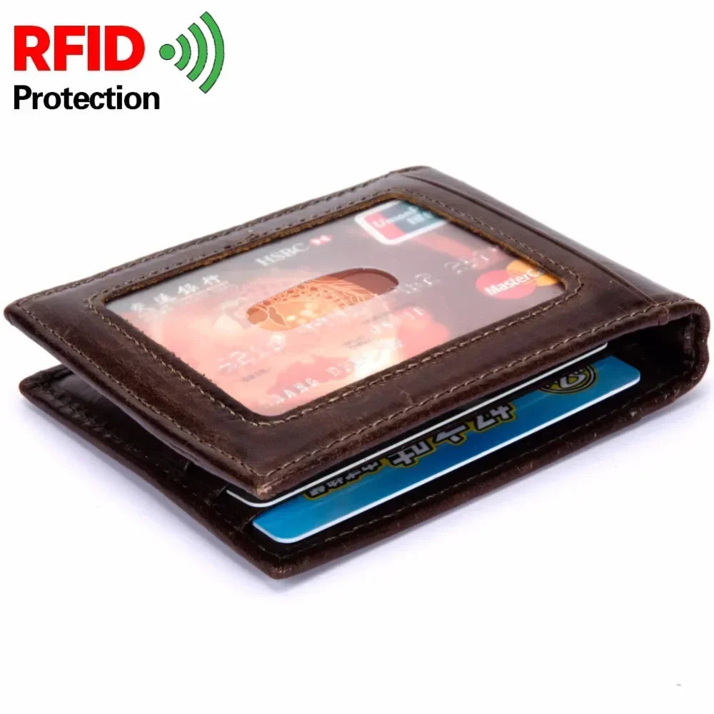 Rfid Blocking Vintage Crazy horse Genuine Leather Wallet Men Wallet Leather  Short Wallet Men Purse Male Money Clips Money bag