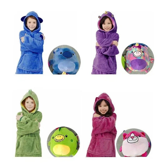 Children's HUG Cartoon Pets Hoodie Blanket Kids Lazy Pillow Pajamas Pullover Clothes Wearable Hooded Coats for Boys Girls Gift