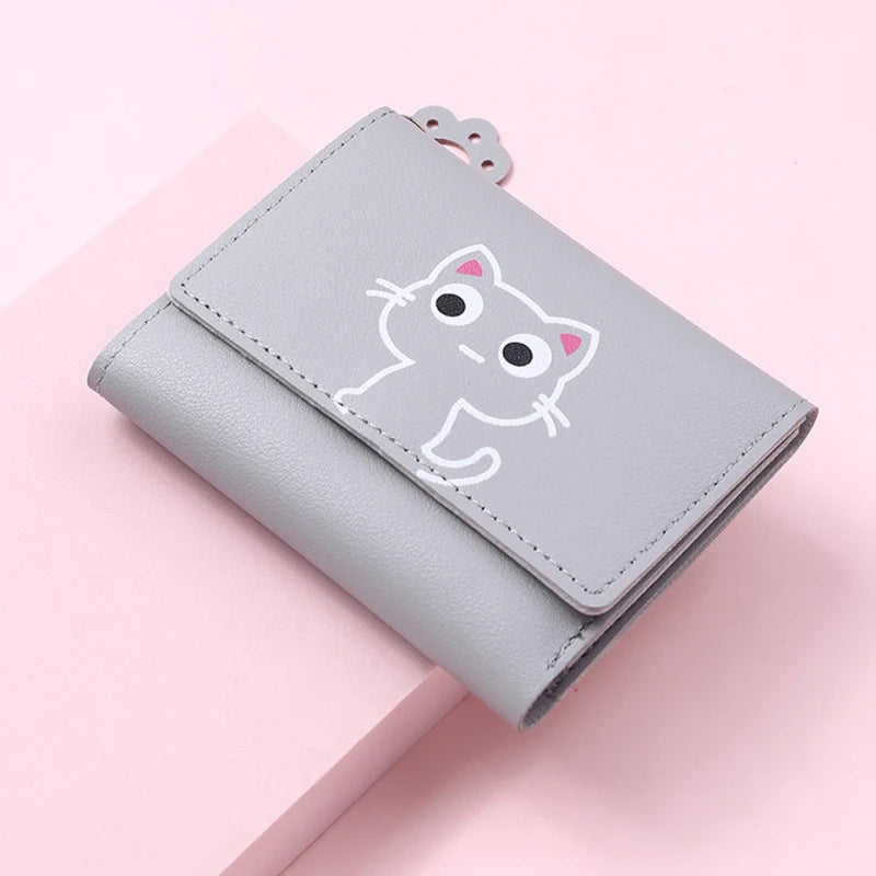 Solid Color PU Leather Fold Purse With Lovely Cat Print / Fashion Short Wallet Money Card Holder For Women