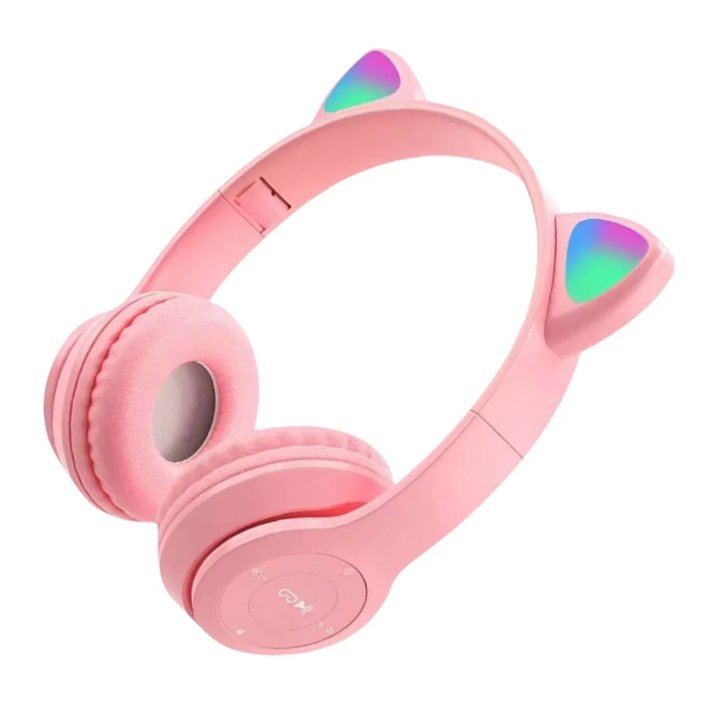 Wireless Headphones Cat Ear Gaming Headset Glow Light Bluetooth-Compatible Helmets Cute Over-Ear Headsets for Kids and Adult