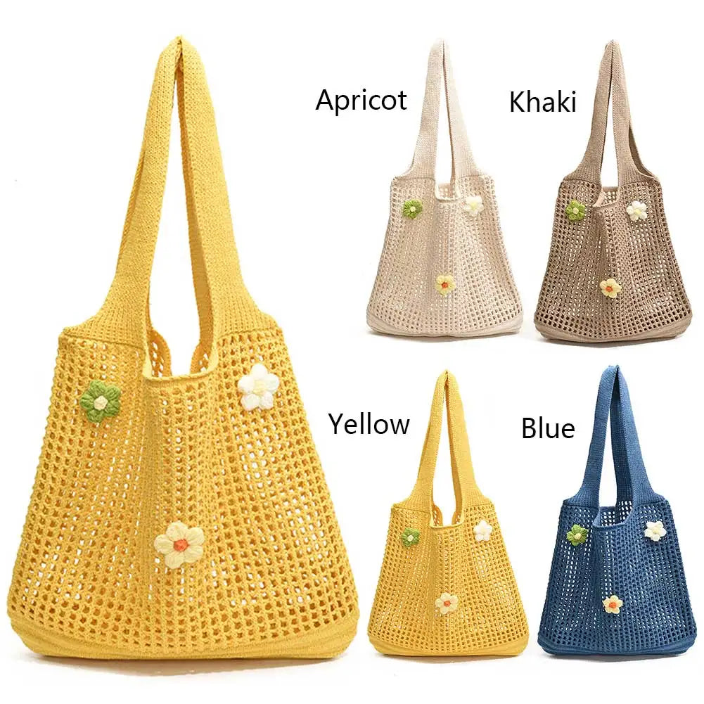 Women Knitted Tote Bag Crochet Shoulder Bag with Flower Decor Fashion Tote Handbags Hollow Out Handbag Outdoor Travel Bag