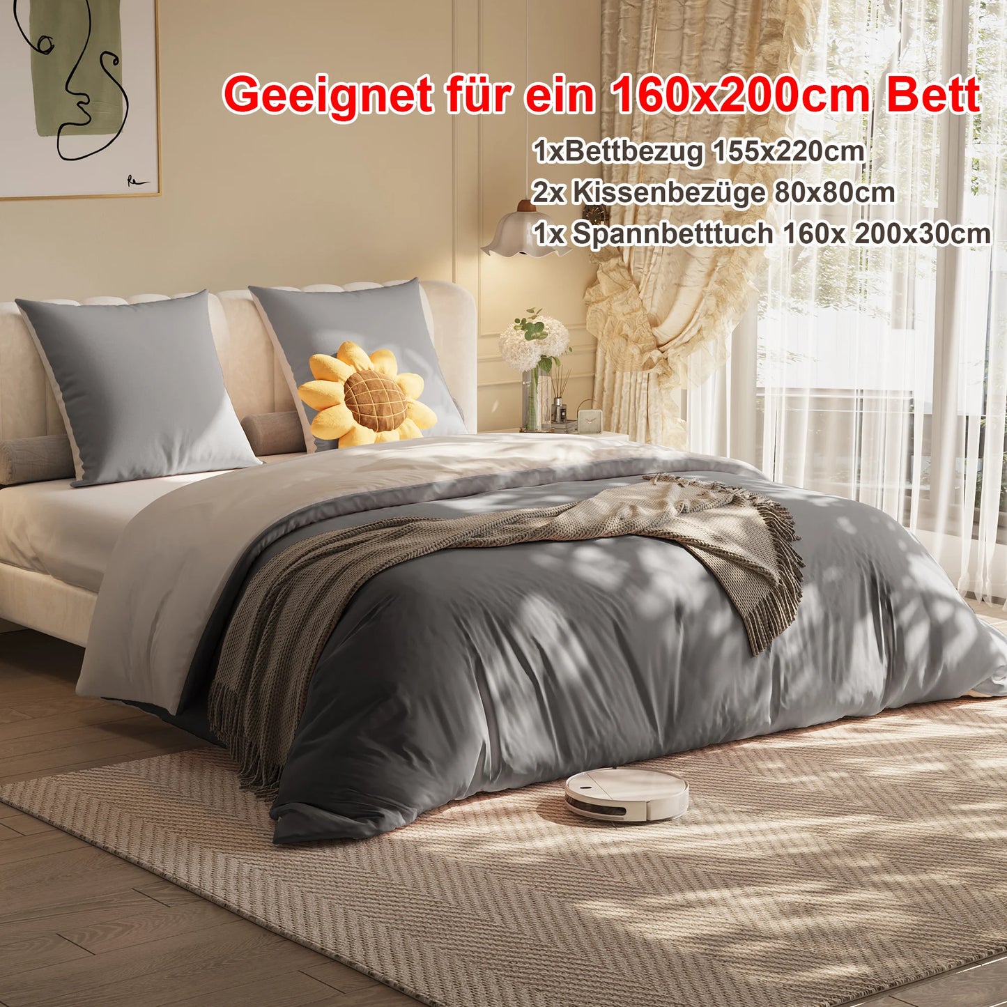 Bed Linen160x200cm 4-Piece Bedding Sets,1 Duvet Cover 155x220cm&2 Pillowcase 80x80cm&1 Fitted Sheet 160x200x30cm,Polyester,grey