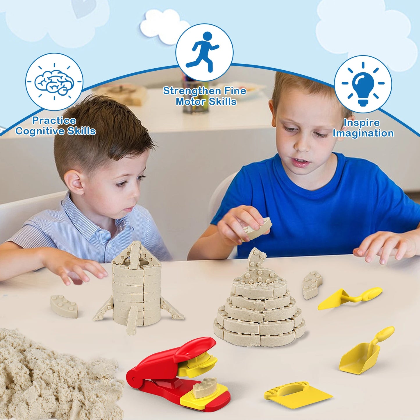 Sensory Sand Building Molds with Brick Press & 4 Tools Building Toys Set House Castle Moldable Sensory Play Sand for Kids Age 3+