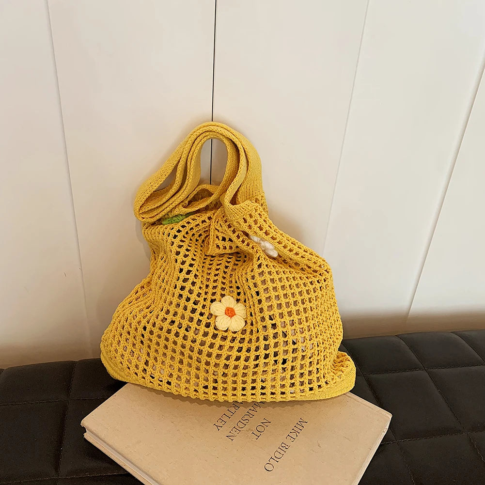 Women Knitted Tote Bag Crochet Shoulder Bag with Flower Decor Fashion Tote Handbags Hollow Out Handbag Outdoor Travel Bag