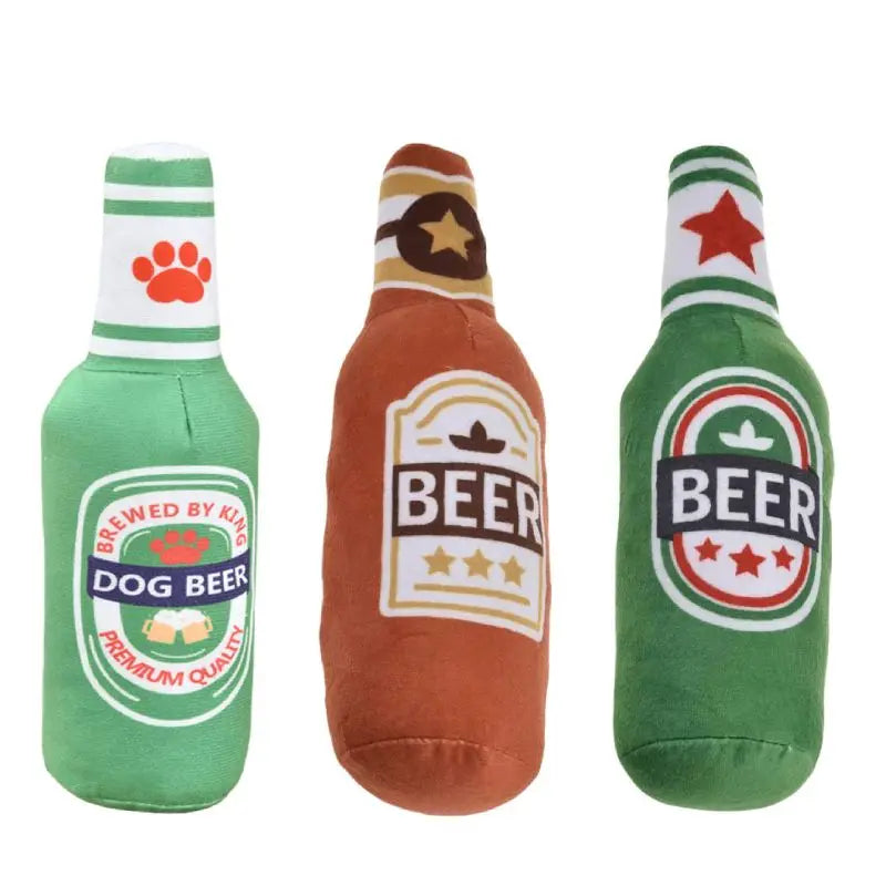 Dog Plush Toys Pet Squeaky Printed Beer Bottle Shape Toy Dog Bite-Resistant Clean Teeth Chew Toy Pet Supplies Interactive Toys