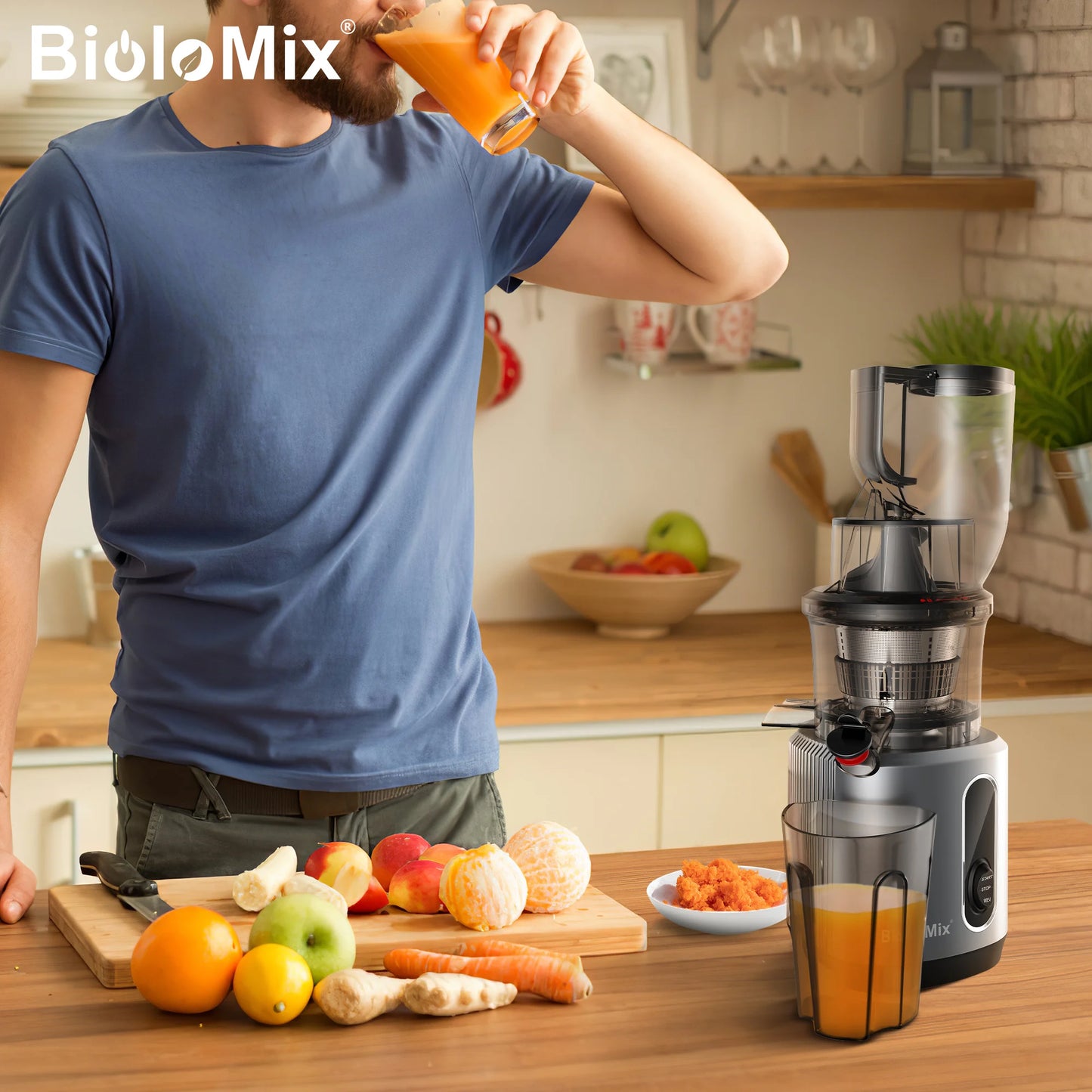 BioloMix Cold Press Juicer with 75mm Feed Chute, 200W 40-65RPM Powerful Motor Slow Masticating Juice Extractor Fits Whole Fruits