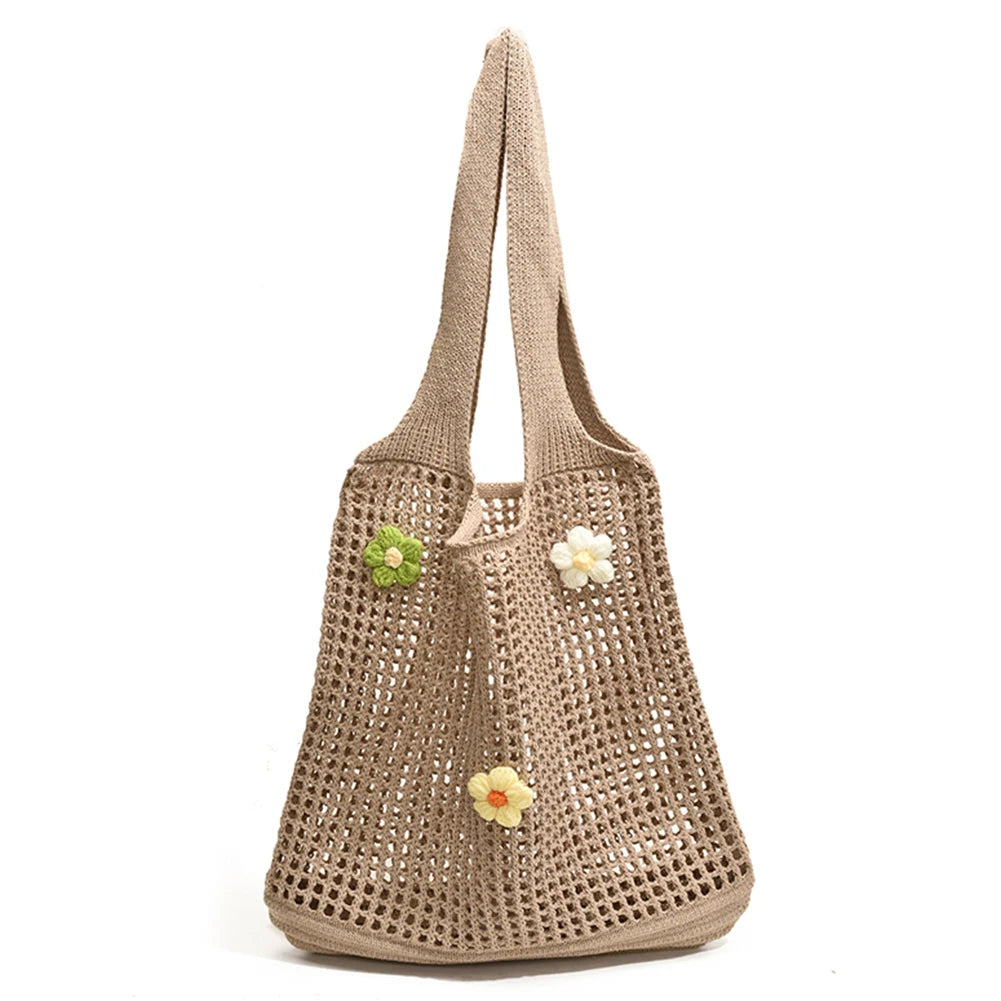 Women Knitted Tote Bag Crochet Shoulder Bag with Flower Decor Fashion Tote Handbags Hollow Out Handbag Outdoor Travel Bag