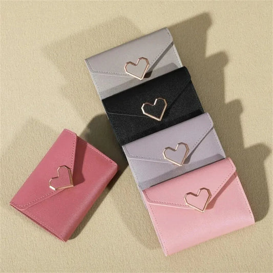 Solid Color Short Wallet With Love Heart Metal Trim Buckle / Mini Fold Coin Purse For Women