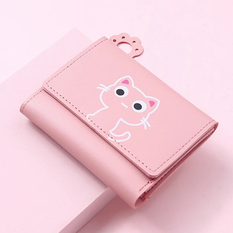 Solid Color PU Leather Fold Purse With Lovely Cat Print / Fashion Short Wallet Money Card Holder For Women