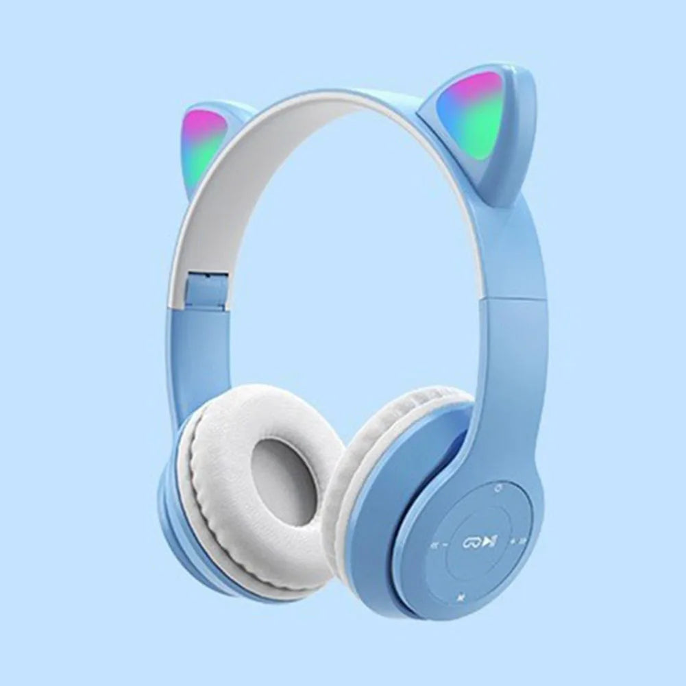 Wireless Headphones Cat Ear Gaming Headset Glow Light Bluetooth-Compatible Helmets Cute Over-Ear Headsets for Kids and Adult