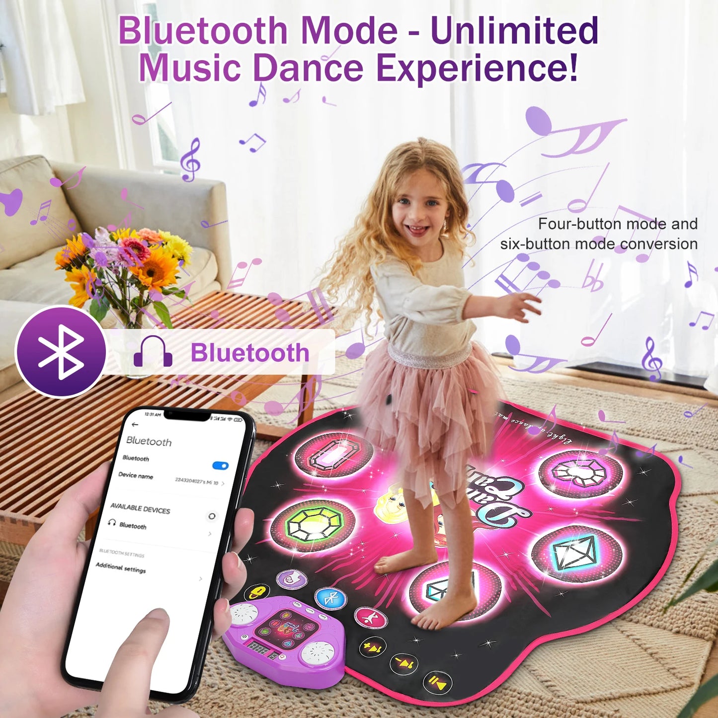 VATOS 27 Levels Dance Mat for Girls Kids 6 LED Keys Light Up Bluetooth Lock 5 Music Dancing Game Toy Ages 3~8 Years Old