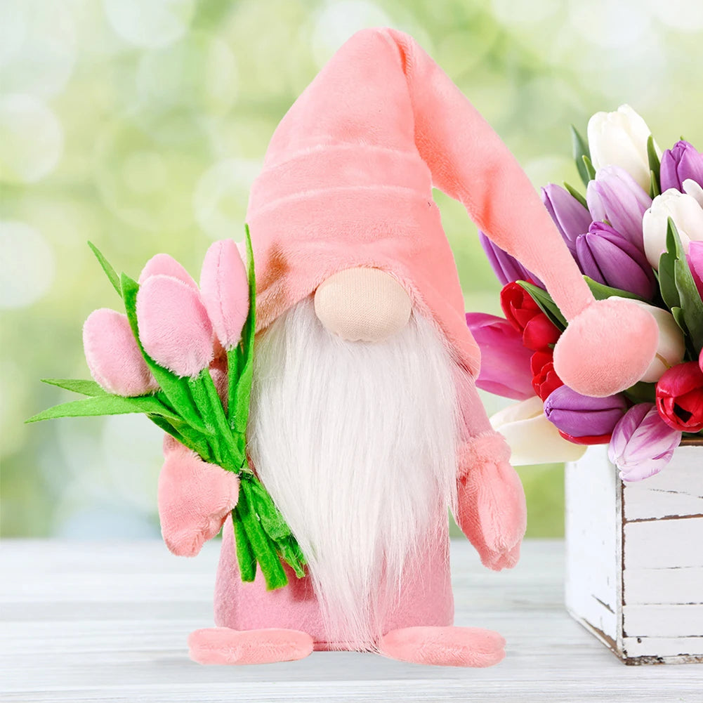 2Pcs Old Man Dwarf Decor Holding Tulip Mini Gnomes Figure Creative Plush Faceless Dwarf Ornament Mother Day Home Decor