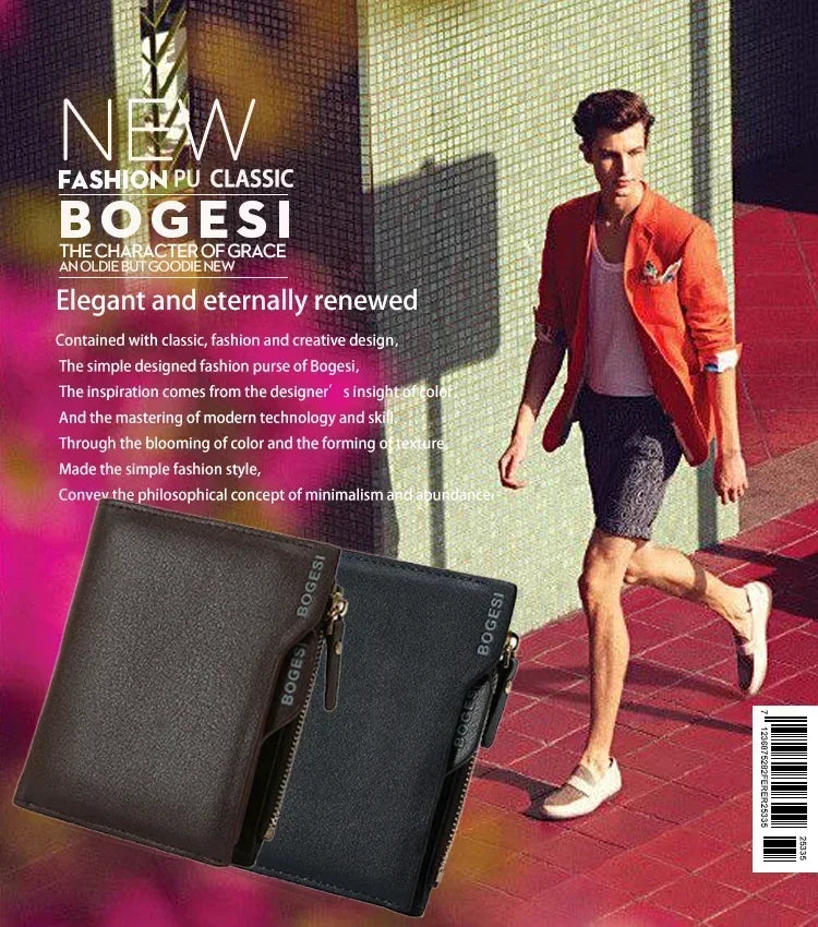 Bogesi Men wallet with Zipper Coin Bag  Small Bifid Famous Brand Thin Wallet Men Purse