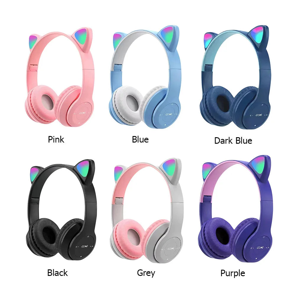 Wireless Headphones Cat Ear Gaming Headset Glow Light Bluetooth-Compatible Helmets Cute Over-Ear Headsets for Kids and Adult