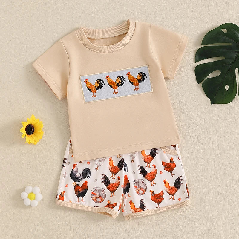 FOCUSNORM 0-4Y Toddler Kids Boys Clothes Sets Rooster Embroidery Short Sleeve T-shirts Elastic Waist Shorts 2PCS