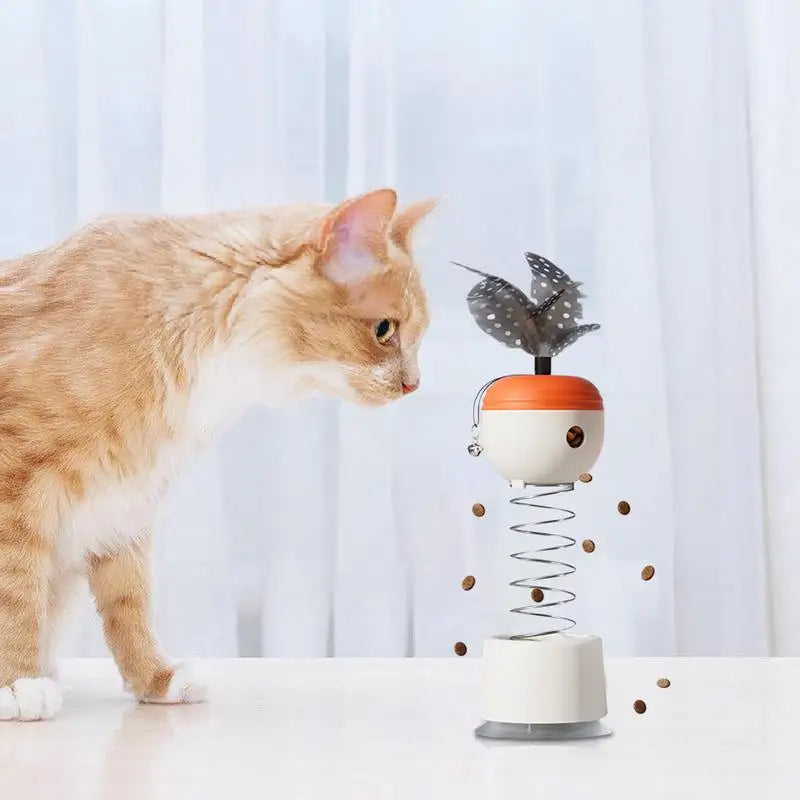 Cat Interactive Feeder Spring-Loaded Interactive Cat Feather Toy Automatic Slow Feeder Ball With Bell Stable Suction Cup Pet