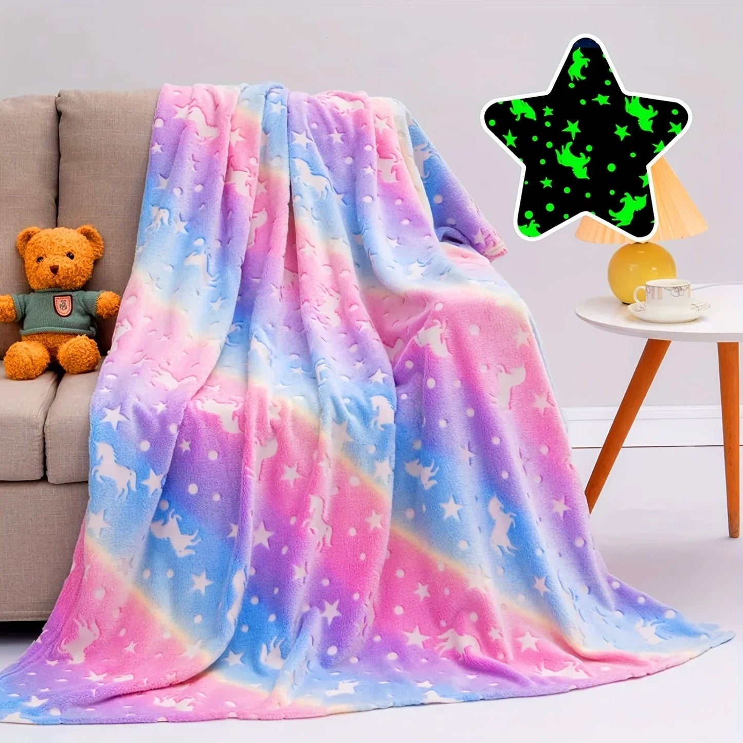 Glow in The Dark Rainbow Unicorn Blanket Cozy Soft Flannel Blanket for Sofa Bed Car Bedding Blanket for Boys Girls Kids Toddlers