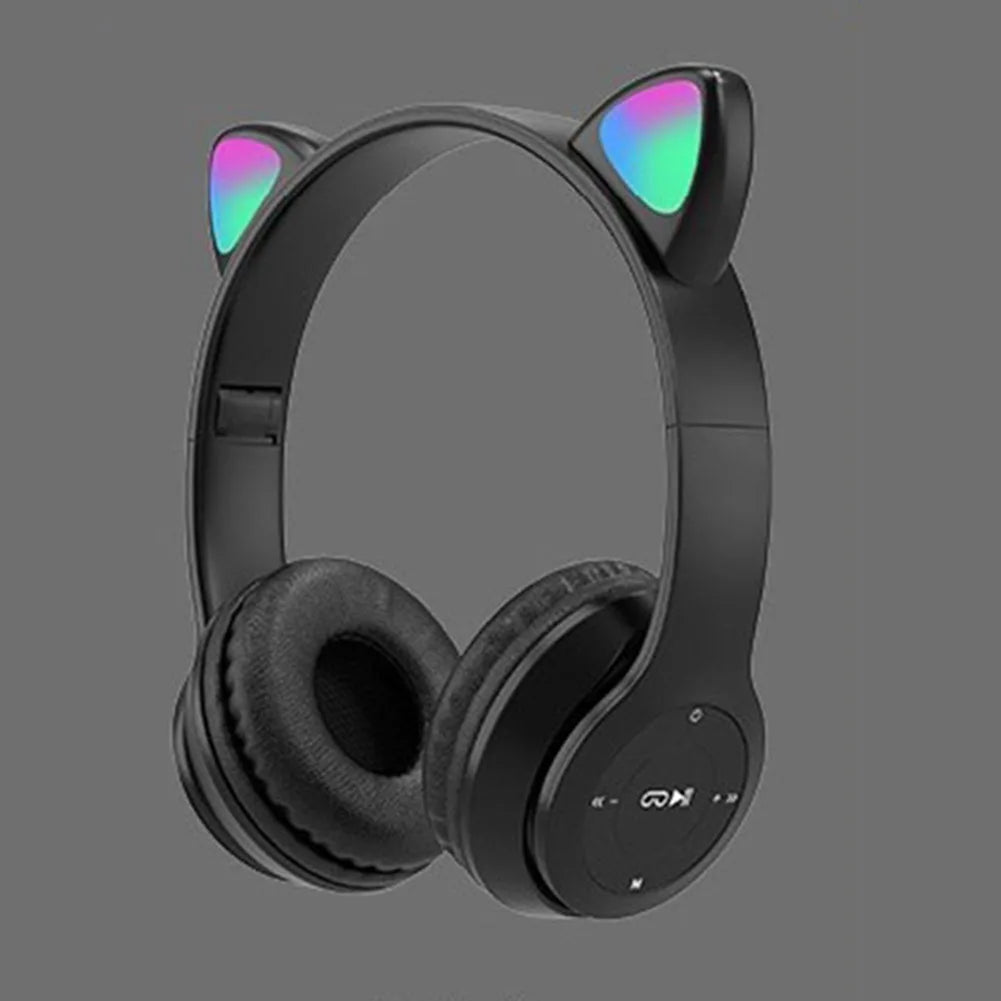 Wireless Headphones Cat Ear Gaming Headset Glow Light Bluetooth-Compatible Helmets Cute Over-Ear Headsets for Kids and Adult