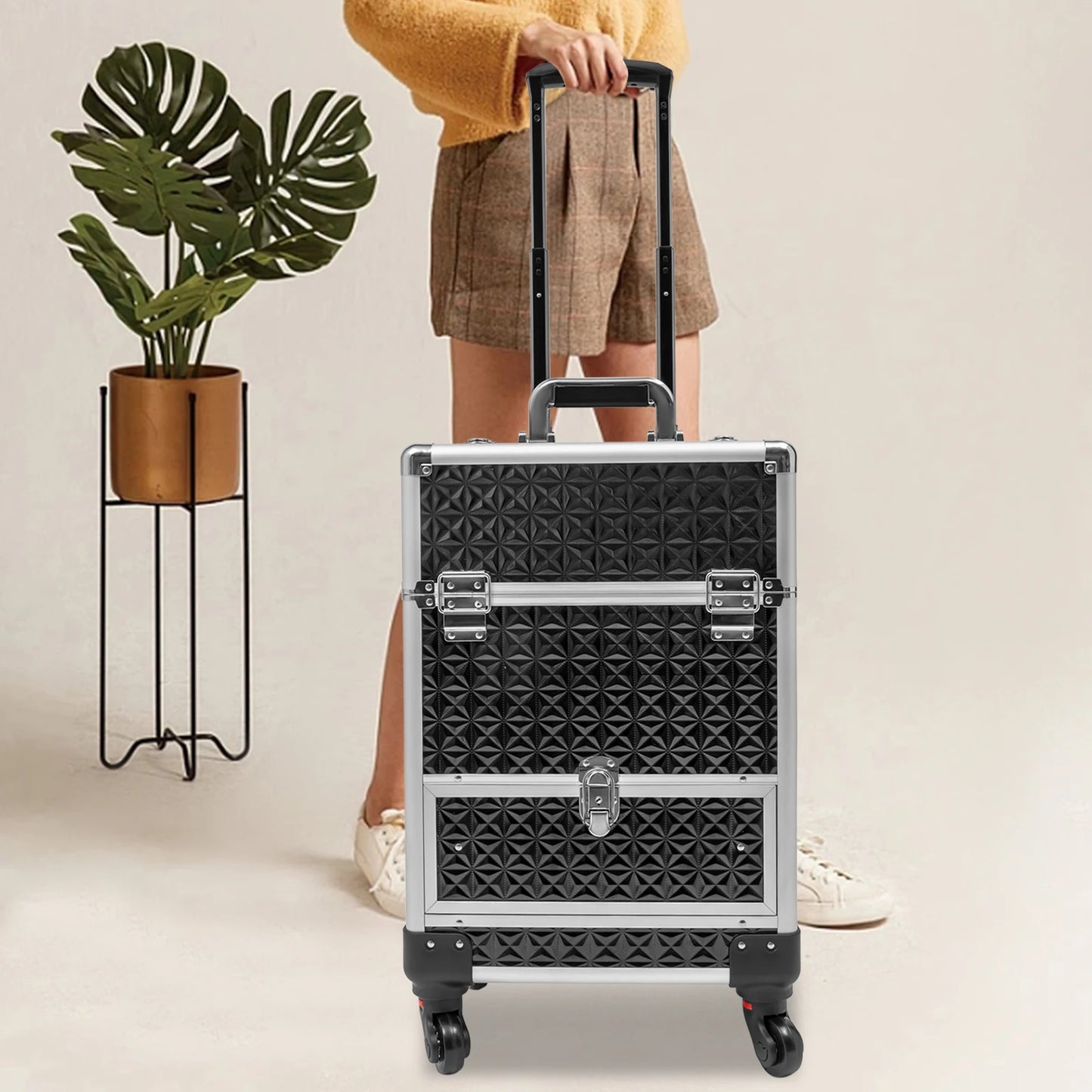 Aluminum Rolling Makeup Train Case, Portable Makeup Organizer Suitcase, Cosmetic Storage Box, Travel Beauty Luggage Trolley Lock