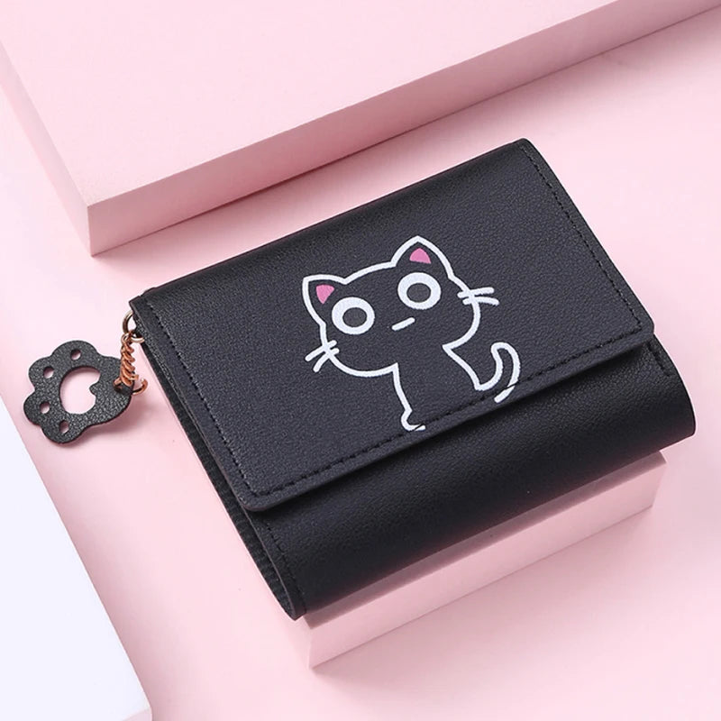 Solid Color PU Leather Fold Purse With Lovely Cat Print / Fashion Short Wallet Money Card Holder For Women