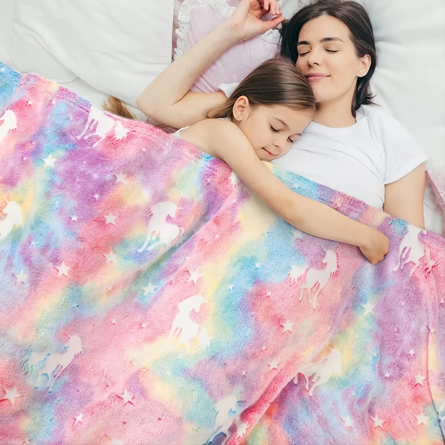 Glow in The Dark Rainbow Unicorn Blanket Cozy Soft Flannel Blanket for Sofa Bed Car Bedding Blanket for Boys Girls Kids Toddlers