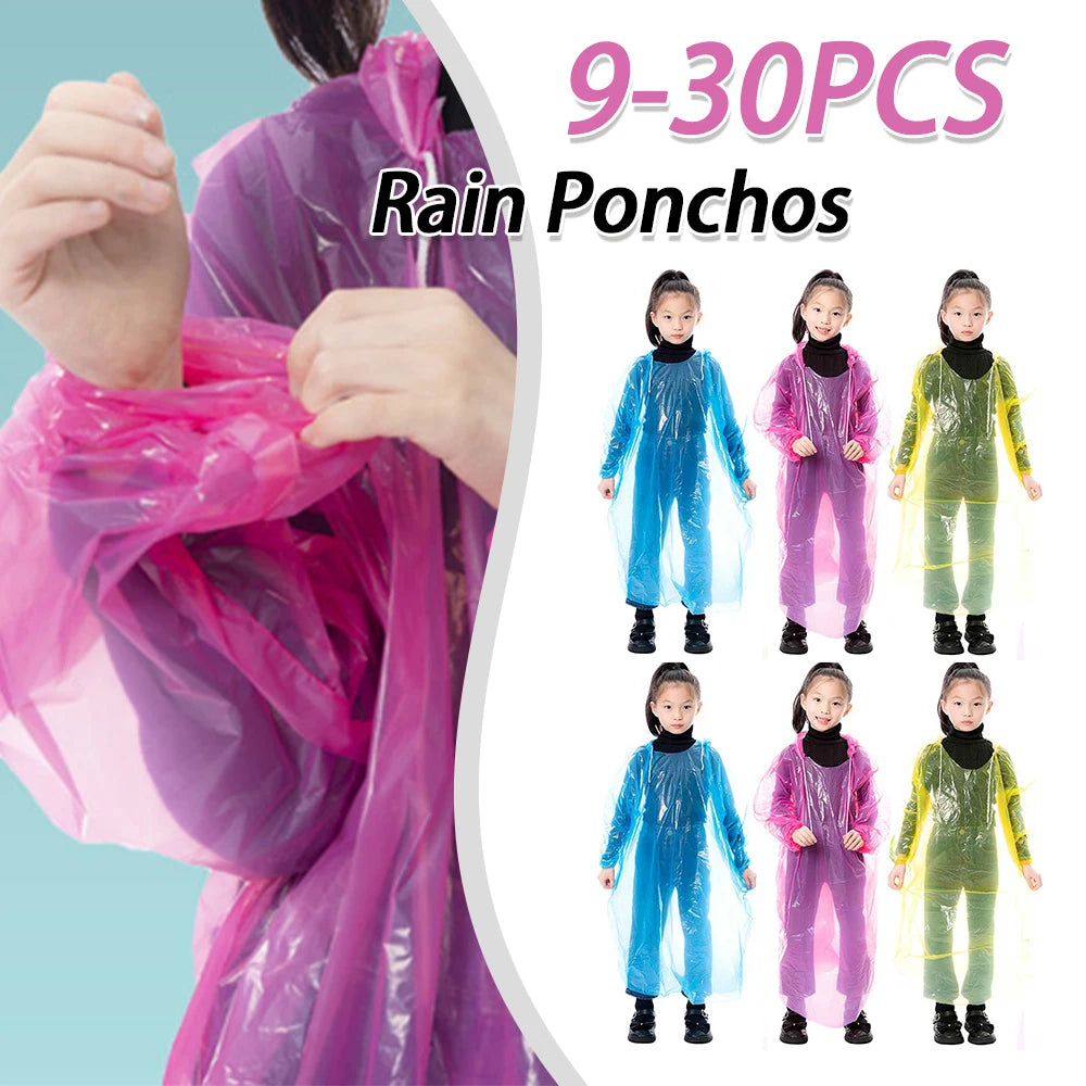 9-30PCS Kids Emergency Raincoats with Drawstring Hood Disposable Plastic Rain Poncho Rainwear for Camping Recreation Hiking