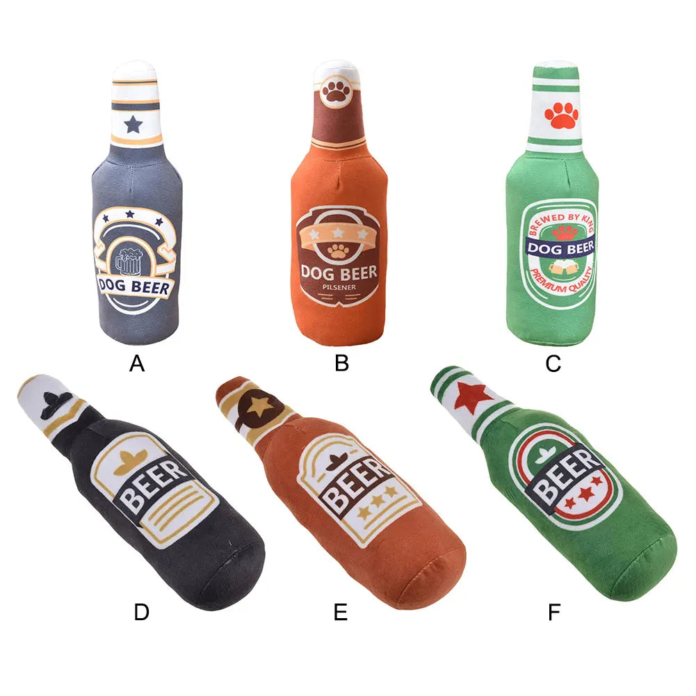 Dog Plush Toys Pet Squeaky Printed Beer Bottle Shape Toy Dog Bite-Resistant Clean Teeth Chew Toy Pet Supplies Interactive Toys