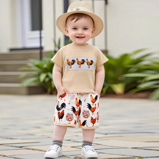 FOCUSNORM 0-4Y Toddler Kids Boys Clothes Sets Rooster Embroidery Short Sleeve T-shirts Elastic Waist Shorts 2PCS