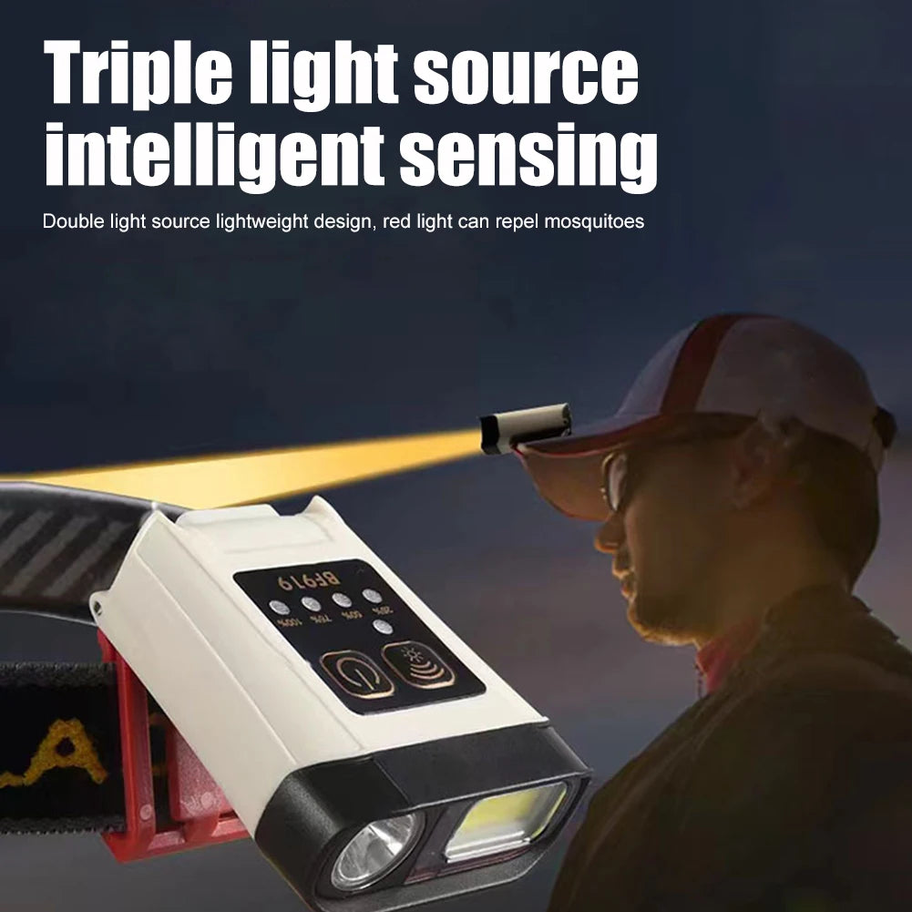 Smart Wave Sensing COB LED Headlamp Multifunctional Hands-free Cap Light Rechargeable for Outdoor Camping Fishing Hiking