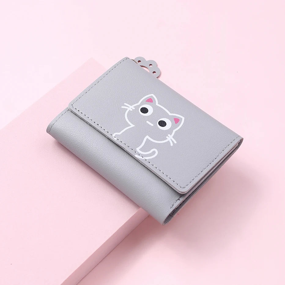 Solid Color PU Leather Fold Purse With Lovely Cat Print / Fashion Short Wallet Money Card Holder For Women