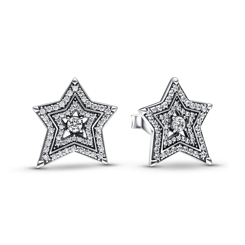 925 Sterling Silver Celestial Sparkling Star&Snowflake Stud Earrings Fit Original Charm Jewelry Party Gifts For Women