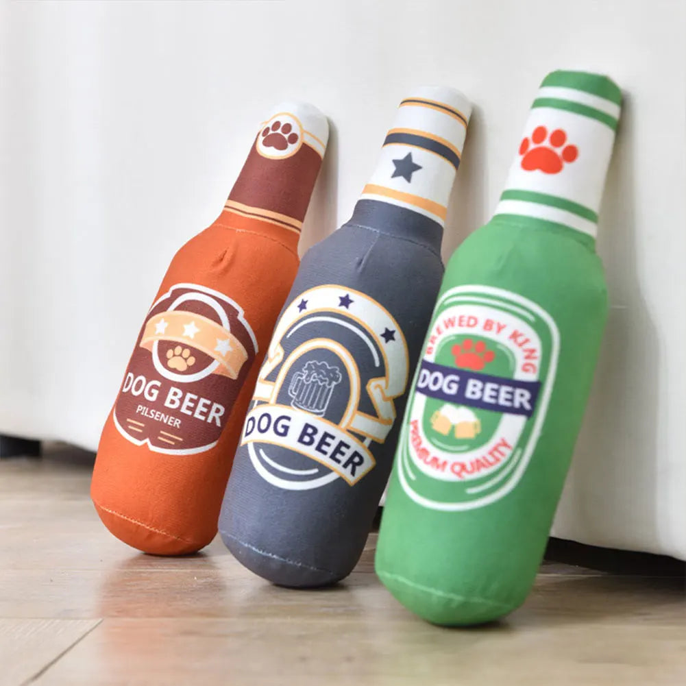 Dog Plush Toys Pet Squeaky Printed Beer Bottle Shape Toy Dog Bite-Resistant Clean Teeth Chew Toy Pet Supplies Interactive Toys