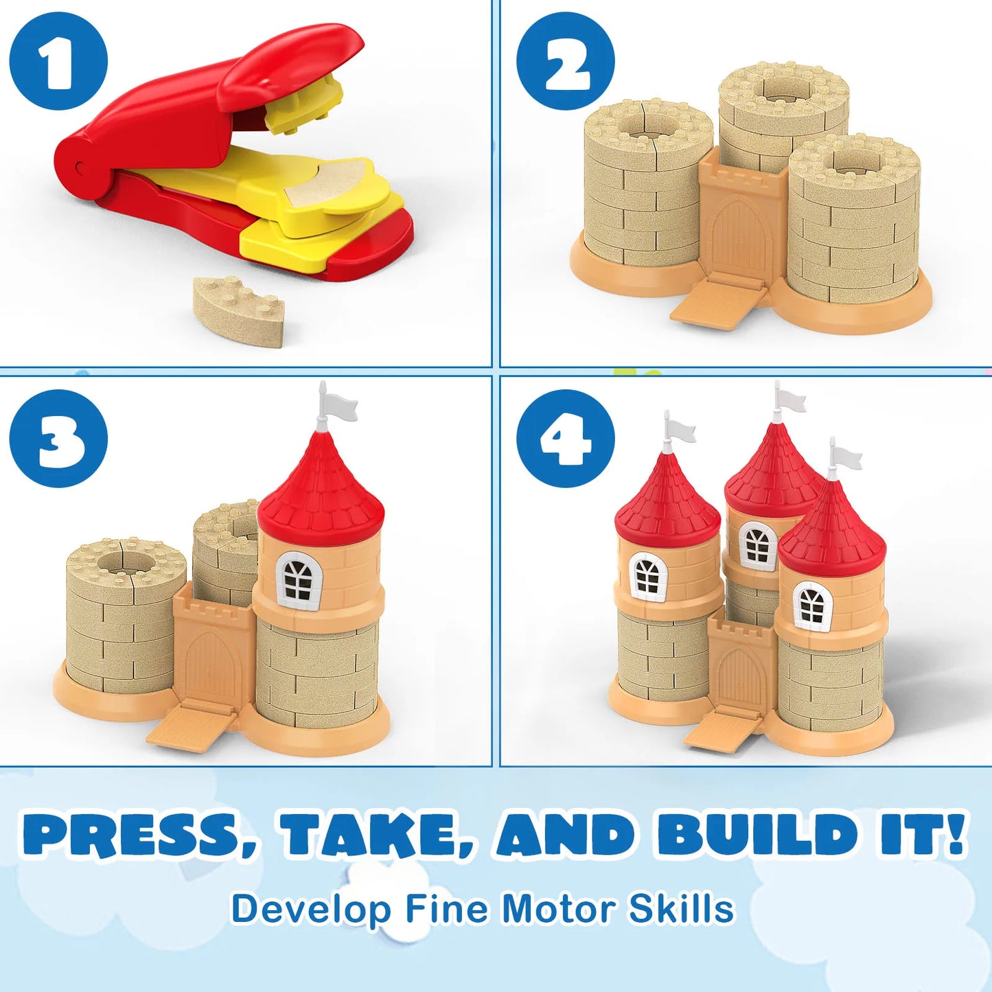 Sensory Sand Building Molds with Brick Press & 4 Tools Building Toys Set House Castle Moldable Sensory Play Sand for Kids Age 3+