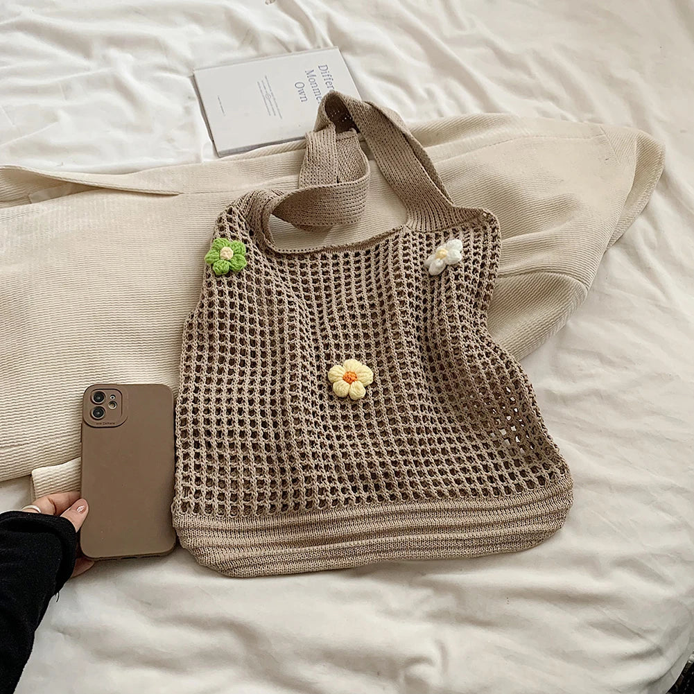 Women Knitted Tote Bag Crochet Shoulder Bag with Flower Decor Fashion Tote Handbags Hollow Out Handbag Outdoor Travel Bag